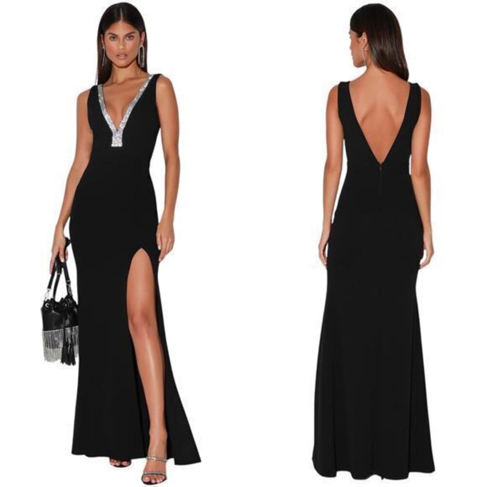 Lulu's Black Maxi Dress with Silver Sequin V-Neck